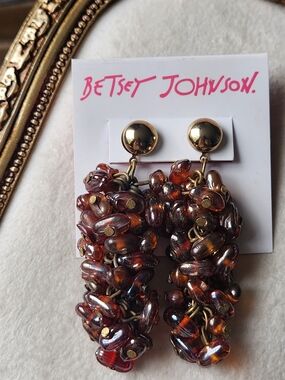Betsey Johnson Amber Glass And Gold Cluster Drop Earrings  Boho Statement Dangle